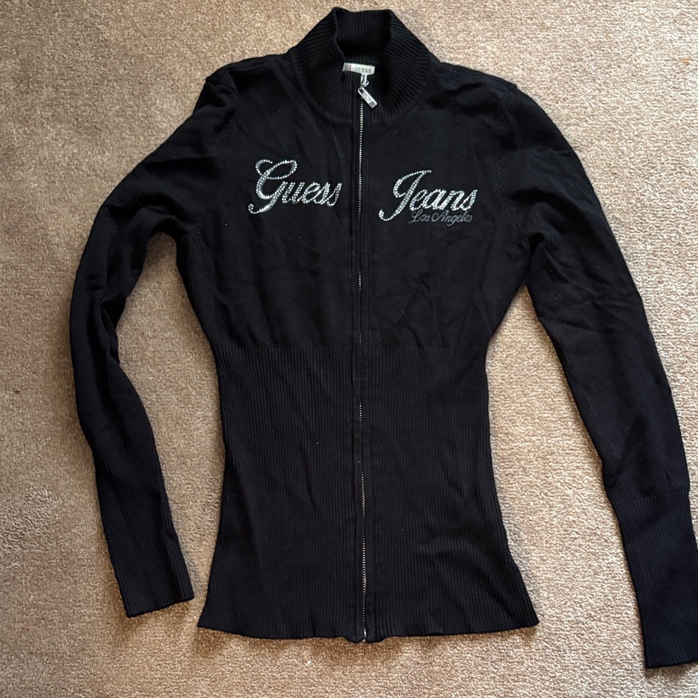 Guess Black Zip-Up Cardigan with Rhinestone Logo